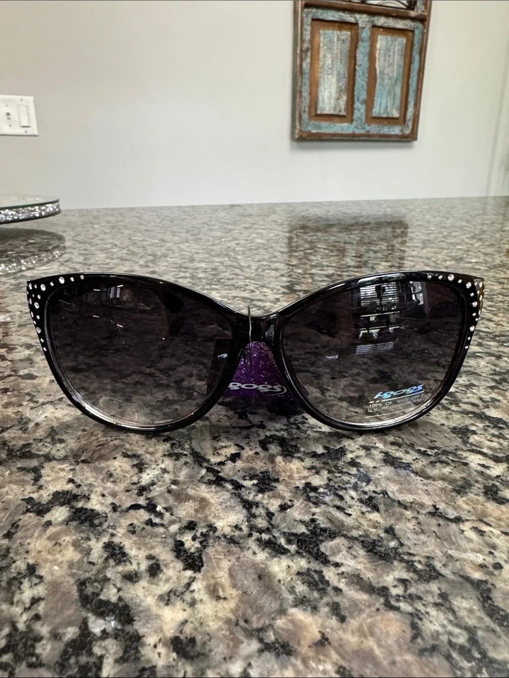 Black Cat-Eye Sunglasses with Silver Crystal Accents NWT